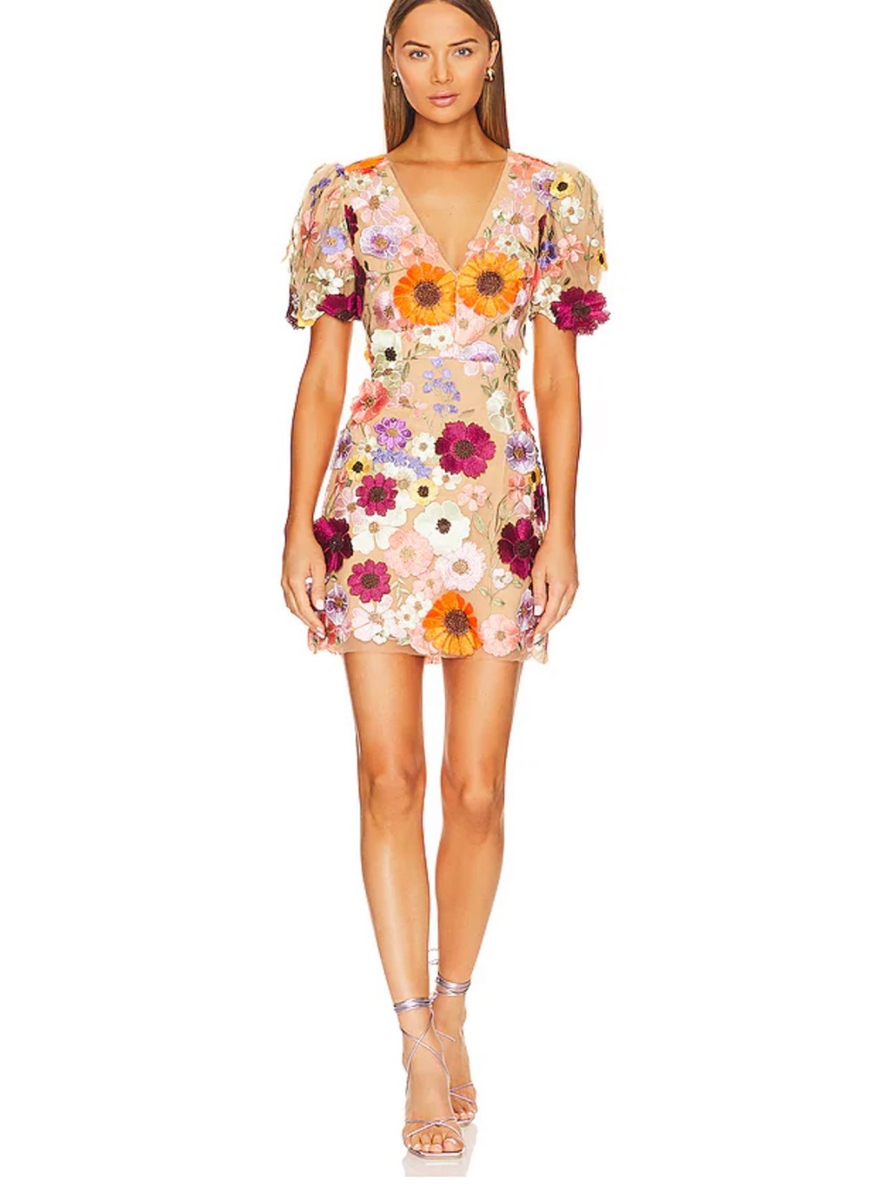 Elliatt Nude-Peach Floral Appliqué V-Neck Mini Dress